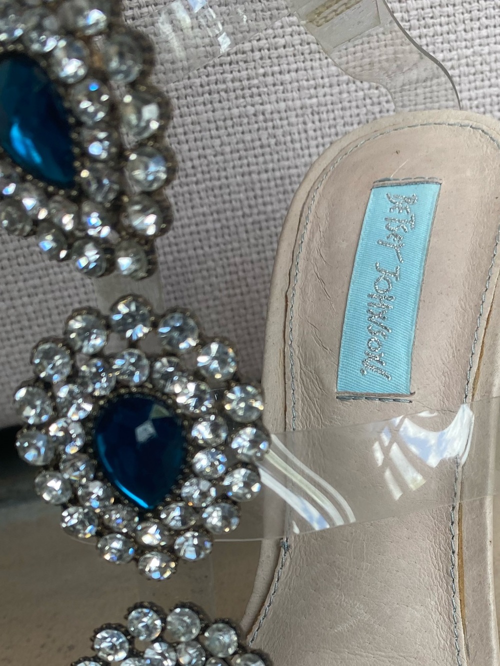 Betsey Johnson Clear Strap Heels with Blue Teardrop Rhinestones - Picture 12 of 12